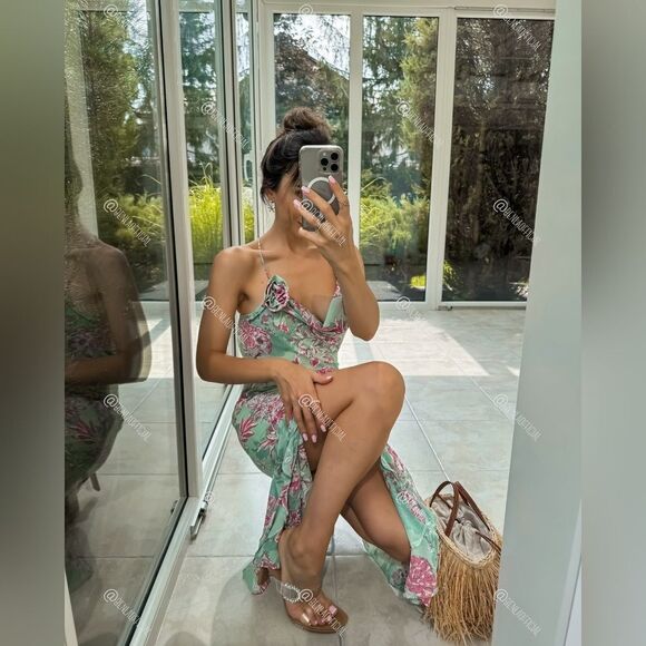 NWT ZARA FLORAL PRINT SLIP DRESS GREEN AND PINK - Picture 9 of 17